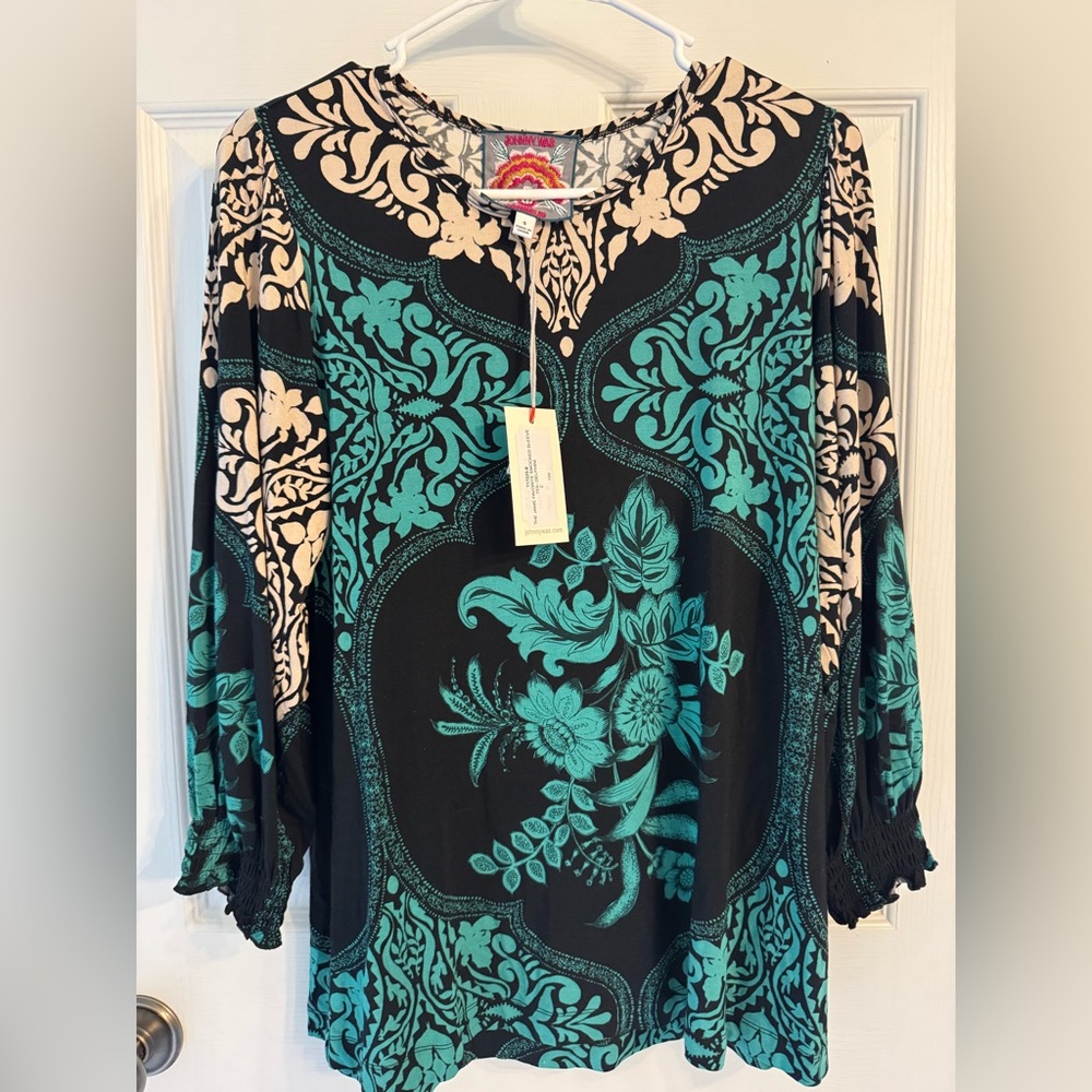 Johnny Was Black & Teal Floral Tunic Top
